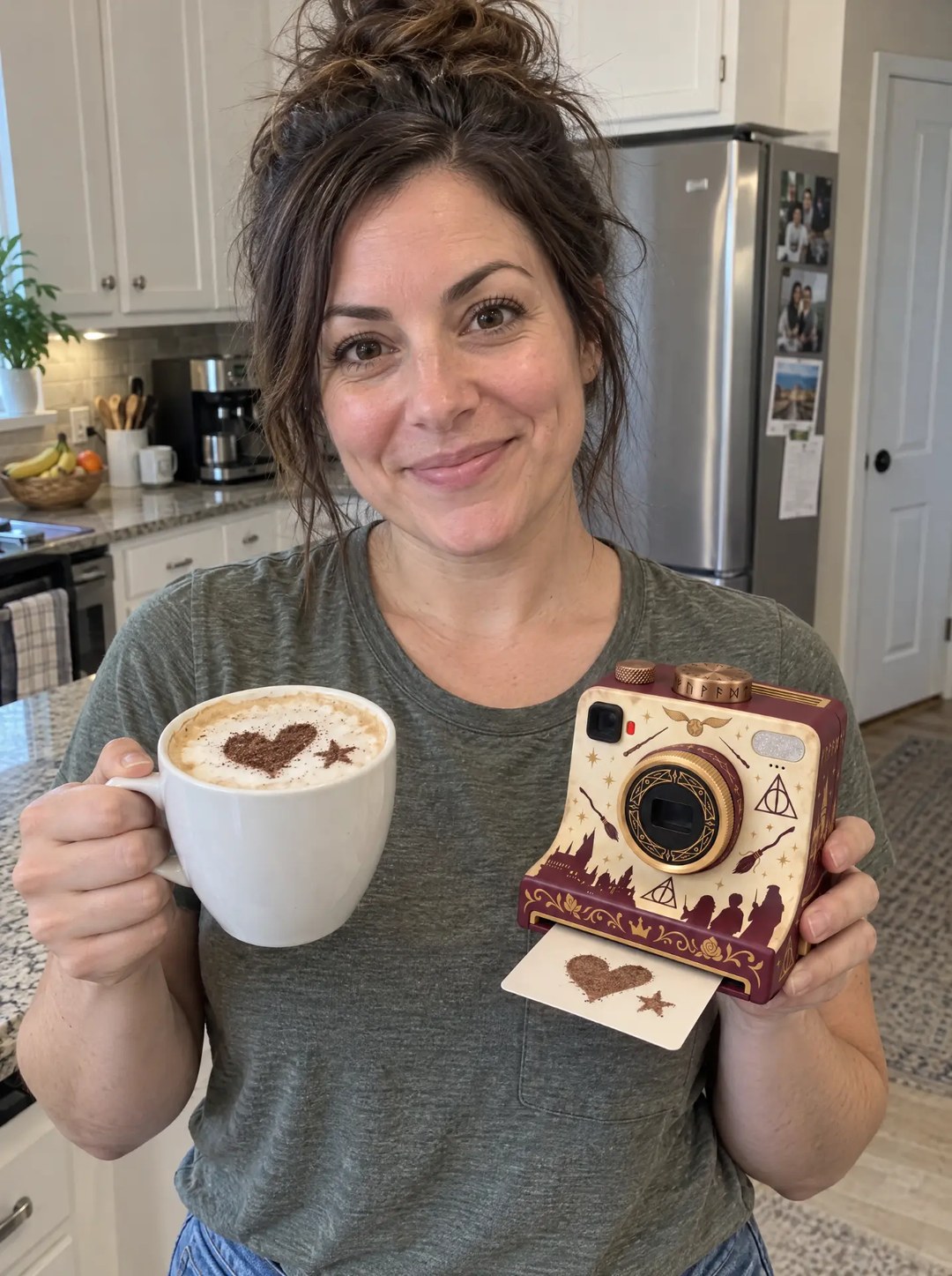 Customer holding a WizardBrew camera beside a mug of coffee