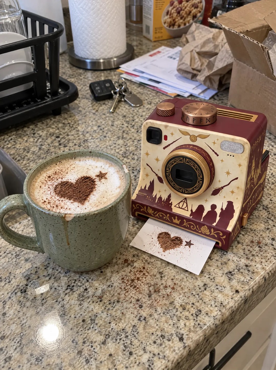 WizardBrew camera on a kitchen counter beside a Wizard Photo Frame card