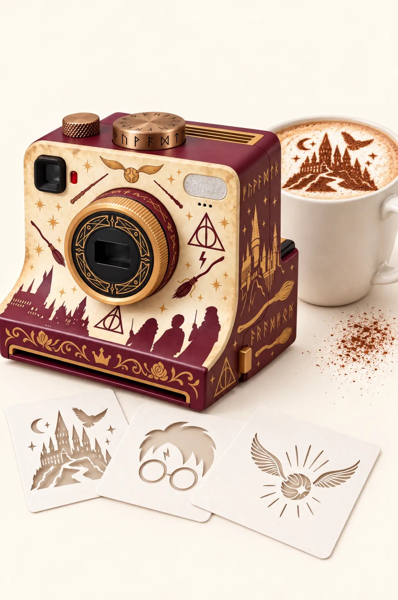 WizardBrew cocoa art camera dusting a castle design onto a mug of cocoa